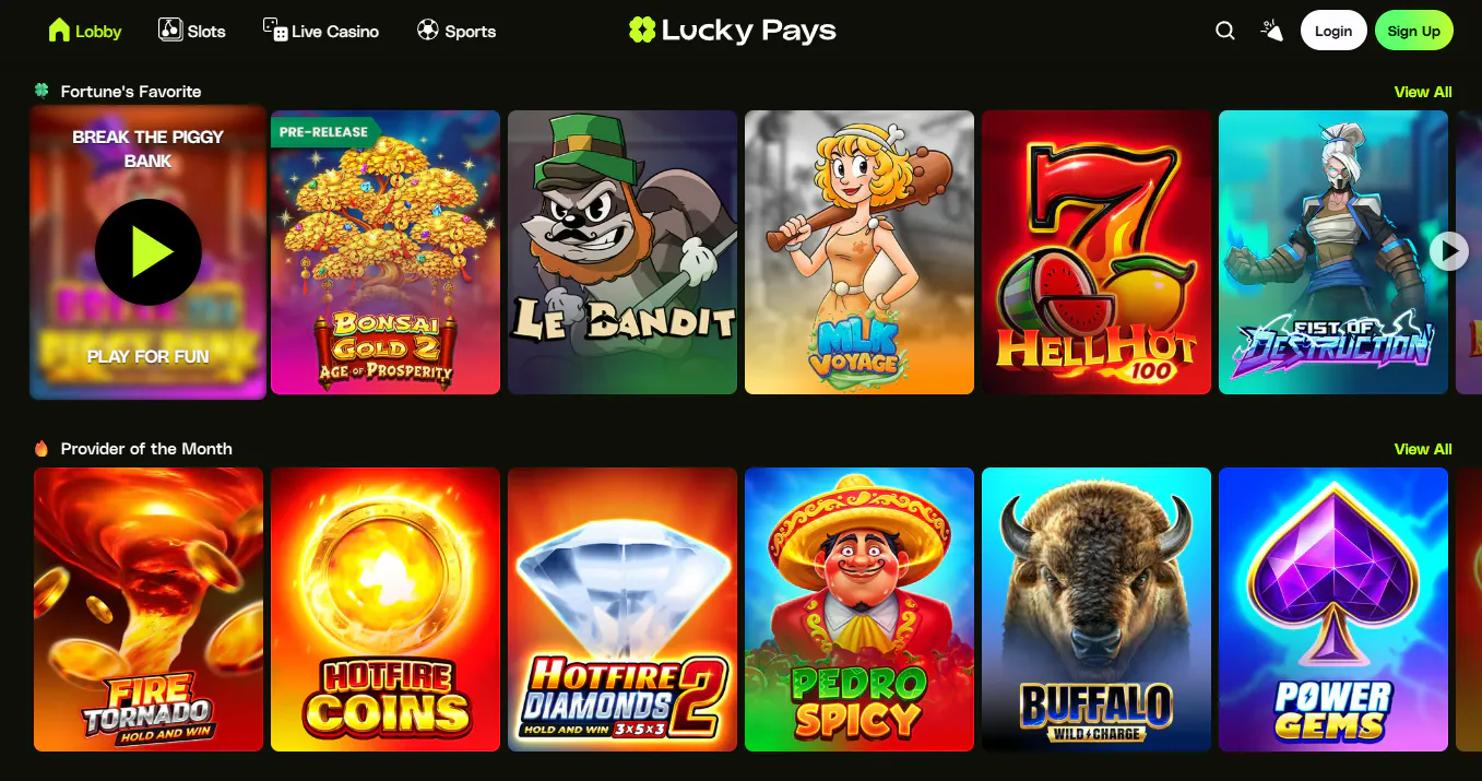 LuckyPays home page shown at desktop width