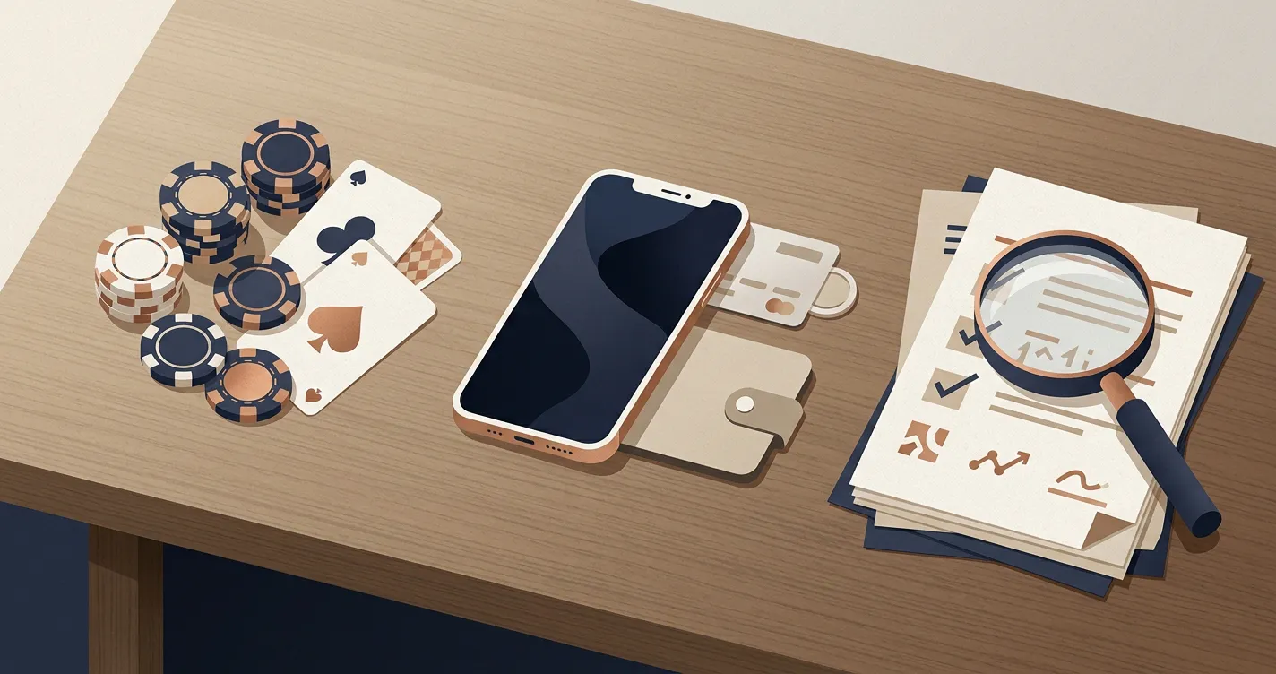 Editorial illustration comparing casino product features, payments and regulatory checks