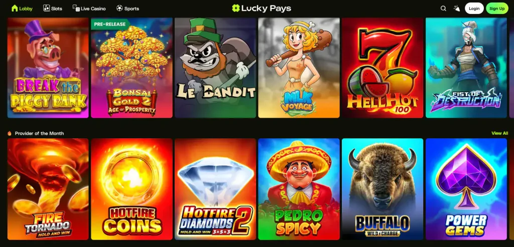 LuckyPays game lobby showing casino categories and game tiles