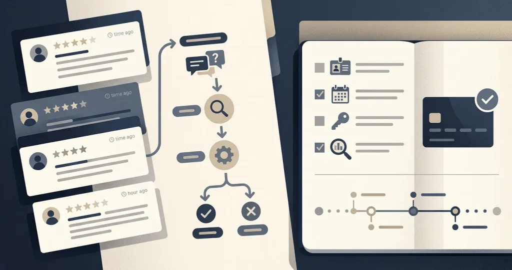 Editorial illustration of complaint signals, review patterns and verification checks