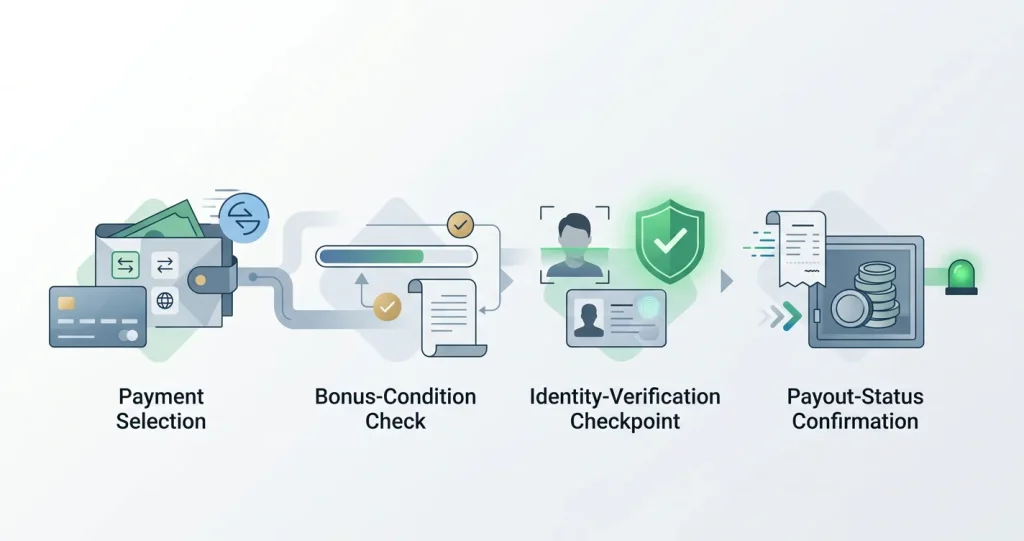 Editorial illustration of a casino withdrawal flow with payment, verification and payout stages