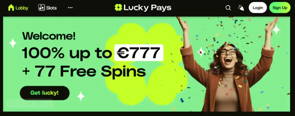 LuckyPays first-deposit welcome offer and key terms shown in the live interface