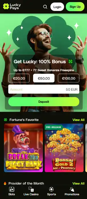LuckyPays home or game lobby displayed at a smartphone-sized browser viewport