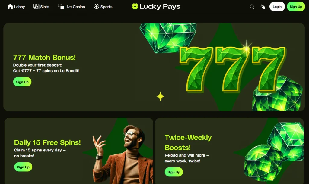 LuckyPays promotions area showing the current welcome bonus offer