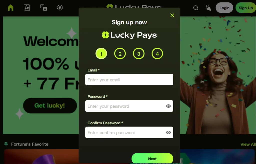 LuckyPays registration form with the current visible field labels