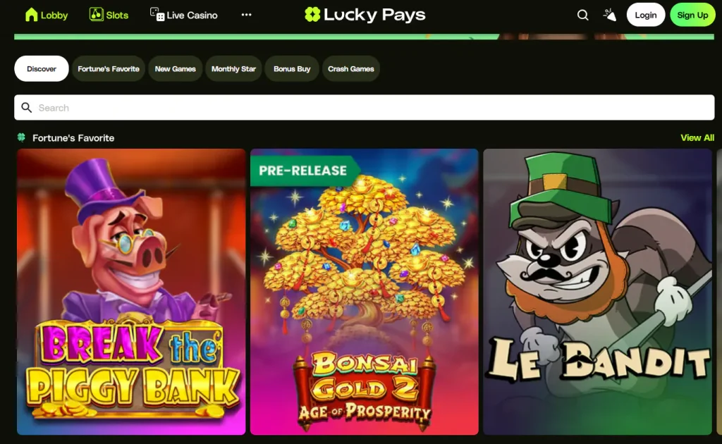 LuckyPays slots category showing current game and provider tiles