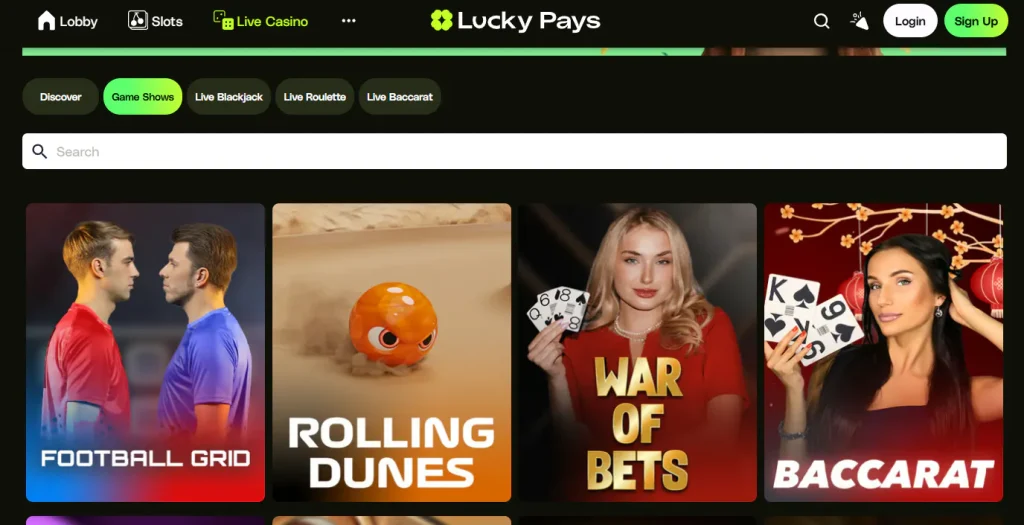 LuckyPays live casino lobby showing current dealer table categories