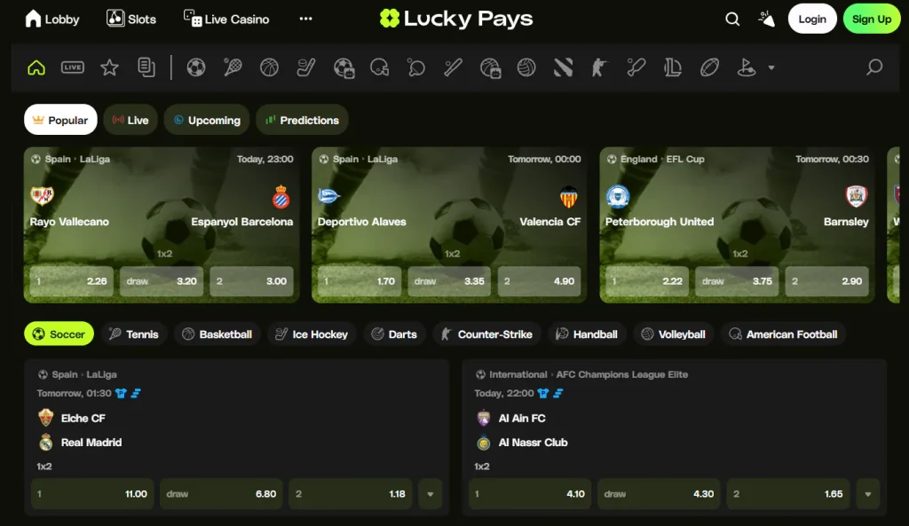 LuckyPays sportsbook or esports interface showing current betting navigation